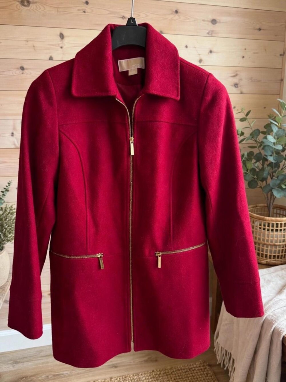MICHAEL Michael Kors Cranberry Red Wool Coat 6 Gold Zippers Great Cond